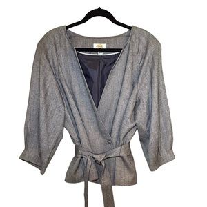 Talbots Navy & White Wool/Linen Herringbone Tapered Sleeve Tie Jacket Size 14W